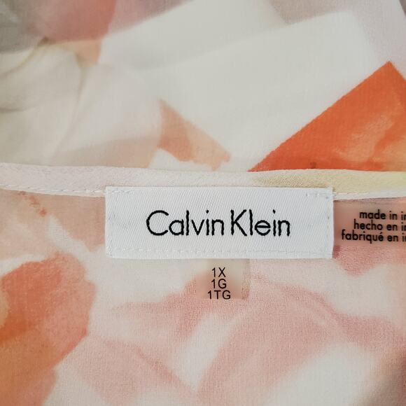 Calvin Klein Floral Sheer Tank Lined Slit Flutter Sleeve Chiffon Blouse Size 1X - Picture 8 of 11